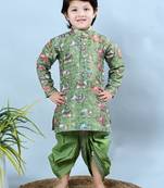 Green cotton silk crochet animal printed kurta & dhoti set for Boys