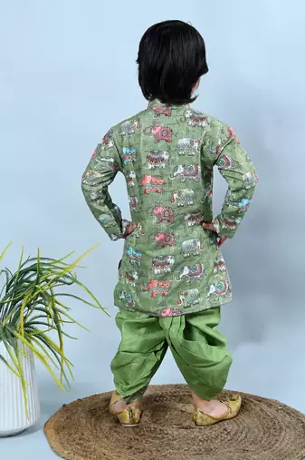 Green cotton silk crochet animal printed kurta & dhoti set for Boys