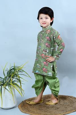 Green cotton silk crochet animal printed kurta & dhoti set for Boys 3