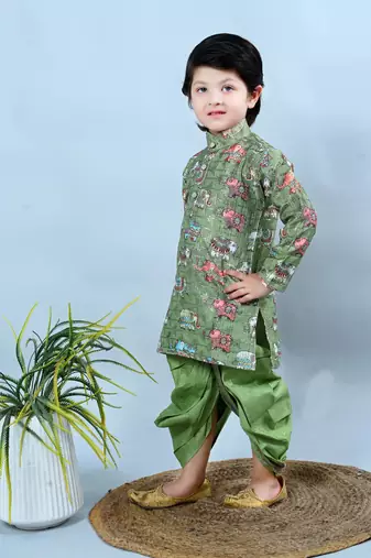 Green cotton silk crochet animal printed kurta & dhoti set for Boys