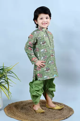 Green cotton silk crochet animal printed kurta & dhoti set for Boys