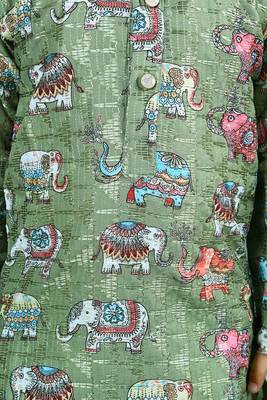 Green cotton silk crochet animal printed kurta & dhoti set for Boys 5