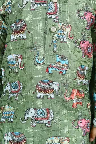 Green cotton silk crochet animal printed kurta & dhoti set for Boys