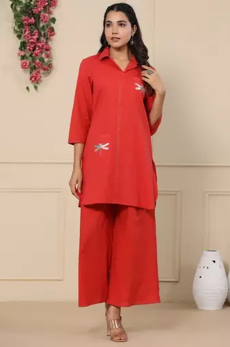 Red embroidered cotton raya angel co ord sets
