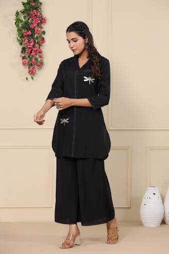 Black embroidered cotton raya angel co ord sets
