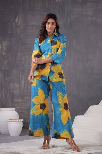 Yellow printed cotton raya angel co ord sets