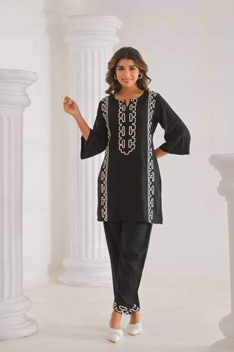 Black embroidered blended cotton raya angel co ord sets
