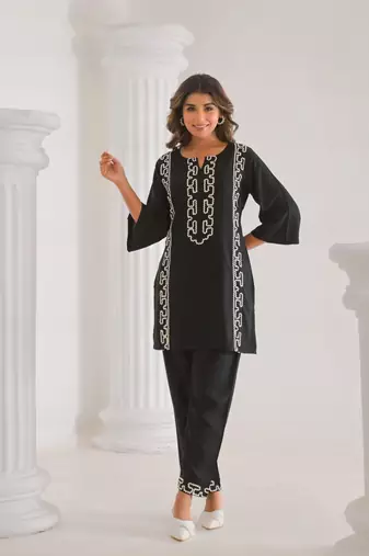 Black embroidered blended cotton raya angel co ord sets