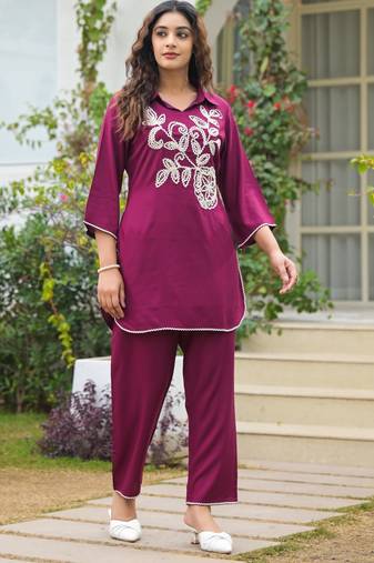 Magenta embroidered blended cotton raya angel co ord sets