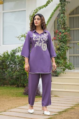 Purple embroidered blended cotton raya angel co ord sets