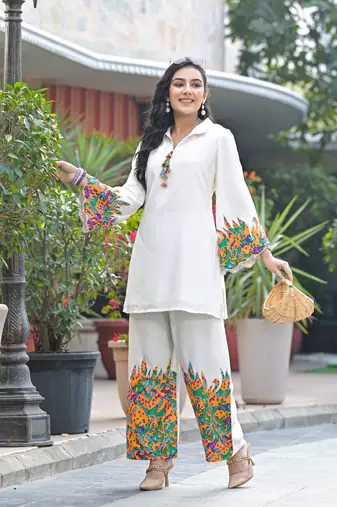 White printed cotton raya angel co ord sets