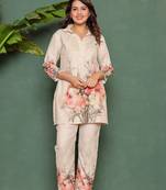 Beige printed cotton raya angel co ord sets