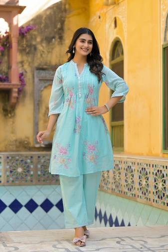 Sky blue embroidered cotton raya angel co ord sets