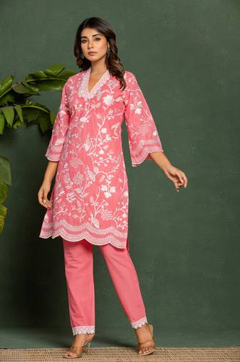 Pink embroidered cotton raya angel co ord sets