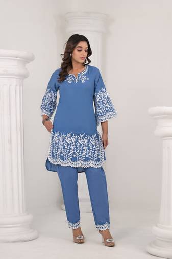 Blue embroidered cotton raya angel co ord sets