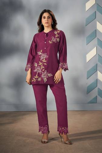 Wine embroidered viscose rayon raya angel co ord sets