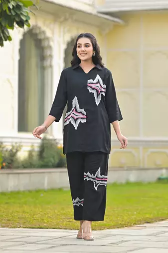 Black embroidered blended cotton raya angel co ord sets
