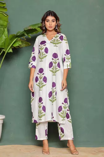 White printed cotton raya angel co ord sets