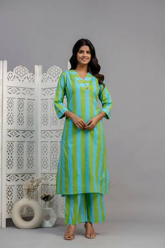 Turquoise striped  cotton raya angel co ord sets