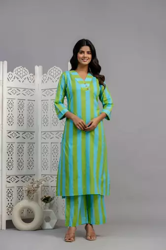 Turquoise striped  cotton raya angel co ord sets
