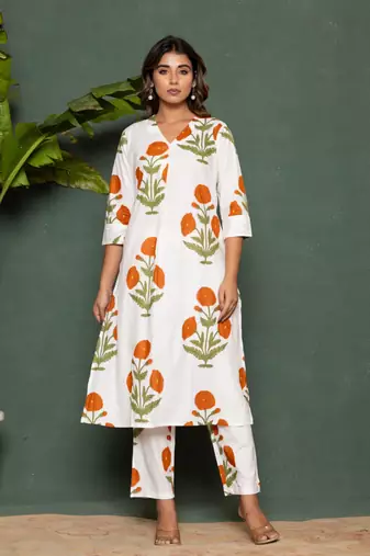 White printed cotton raya angel co ord sets