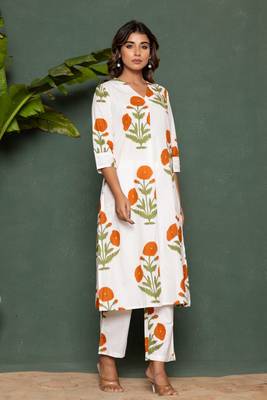 White printed cotton raya angel co ord sets 2