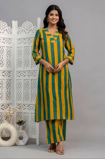 Yellow striped  cotton raya angel co ord sets