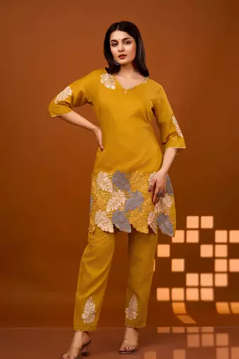 Yellow plain viscose rayon raya angel co ord sets