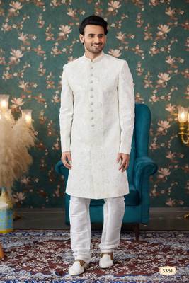 off white sherwani with thread work on art silk and faux satin pajama for mens 1