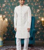 Off white sherwani with thread work on art silk and faux satin Pajama for mens