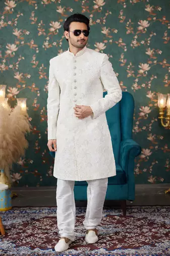 off white sherwani with thread work on art silk and faux satin pajama for mens