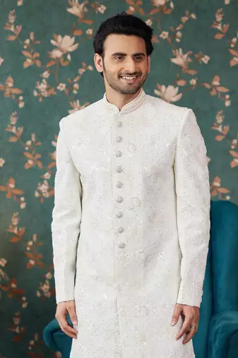 off white sherwani with thread work on art silk and faux satin pajama for mens