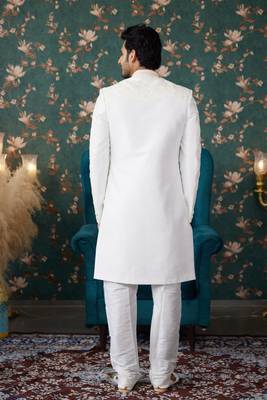 off white sherwani with thread work on art silk and faux satin pajama for mens 4