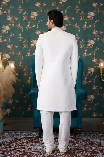 off white sherwani with thread work on art silk and faux satin pajama for mens