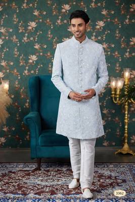 blue sherwani with computer thread work on art silk and faux satin pajama for mens 1