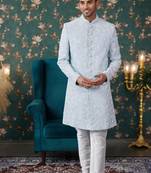 blue sherwani with computer thread work on art silk and faux satin Pajama for mens