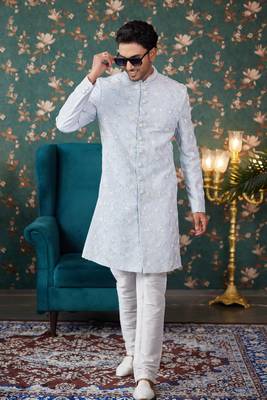 blue sherwani with computer thread work on art silk and faux satin pajama for mens 2