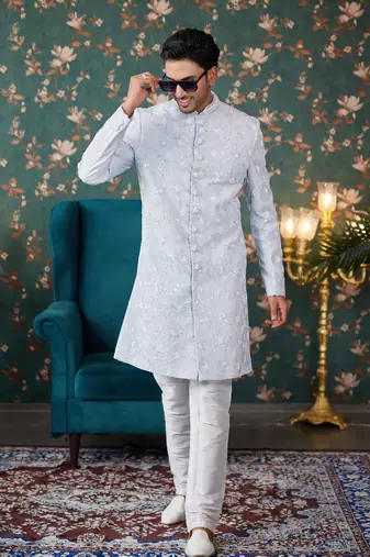 blue sherwani with computer thread work on art silk and faux satin pajama for mens