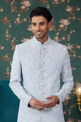 blue sherwani with computer thread work on art silk and faux satin pajama for mens
