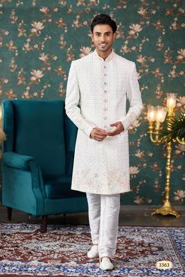 off white sherwani with thread work on art silk and faux satin pajama for mens 1