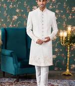 Off White sherwani with thread work on art silk and faux satin Pajama for mens