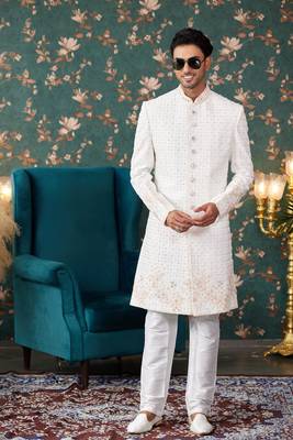 off white sherwani with thread work on art silk and faux satin pajama for mens 2