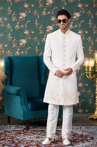 off white sherwani with thread work on art silk and faux satin pajama for mens