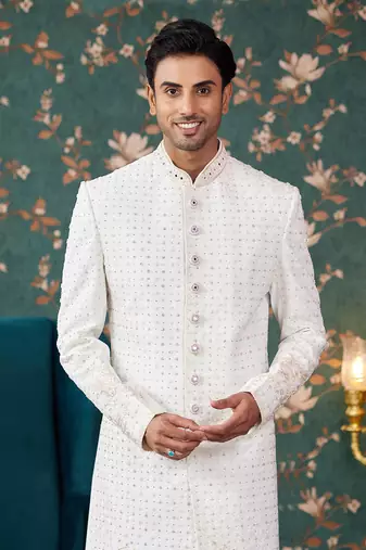 off white sherwani with thread work on art silk and faux satin pajama for mens