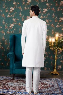 off white sherwani with thread work on art silk and faux satin pajama for mens 4