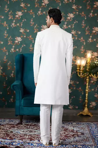 off white sherwani with thread work on art silk and faux satin pajama for mens