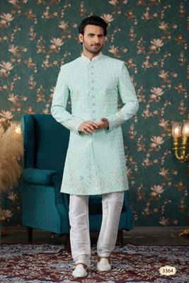 pista green sherwani with computer thread work on art silk and faux satin pajama for mens 1