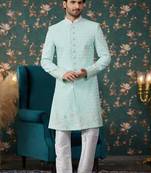 Pista Green sherwani with computer thread work on art silk and faux satin Pajama for mens