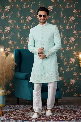 pista green sherwani with computer thread work on art silk and faux satin pajama for mens