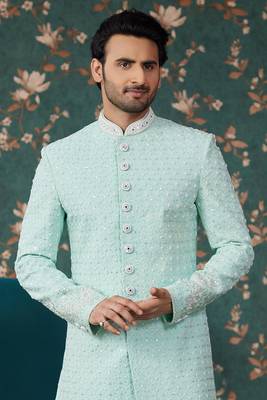 pista green sherwani with computer thread work on art silk and faux satin pajama for mens 3
